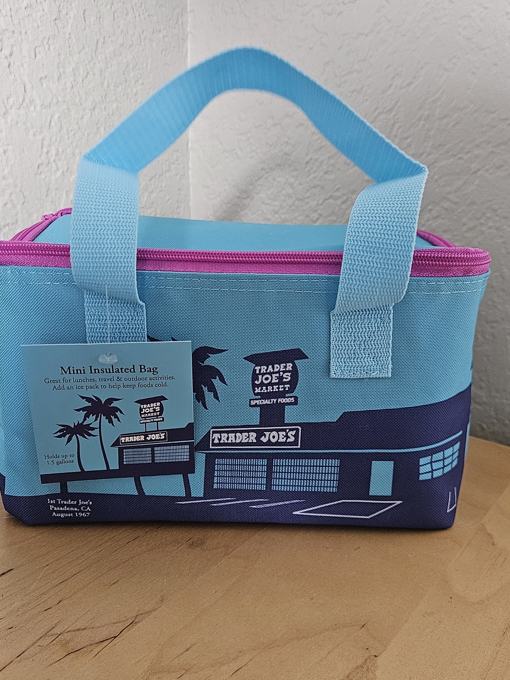 Trader Joe's Mini Insulated Lunch Bag - Light Blue with Pink Trim